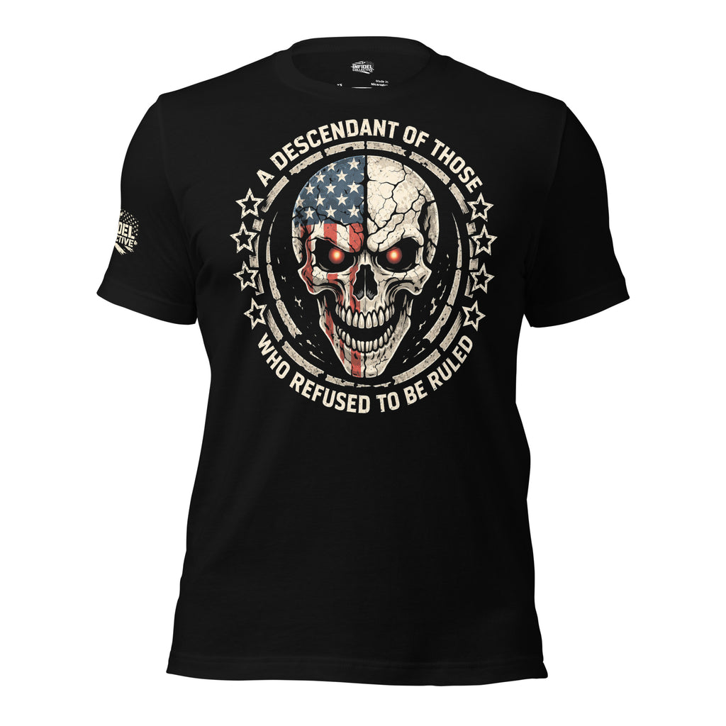 Descendant of the Unruled skull American flag front print black tee from Infidel Collective