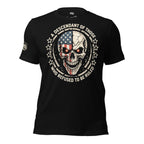 Descendant of the Unruled skull American flag front print black tee from Infidel Collective