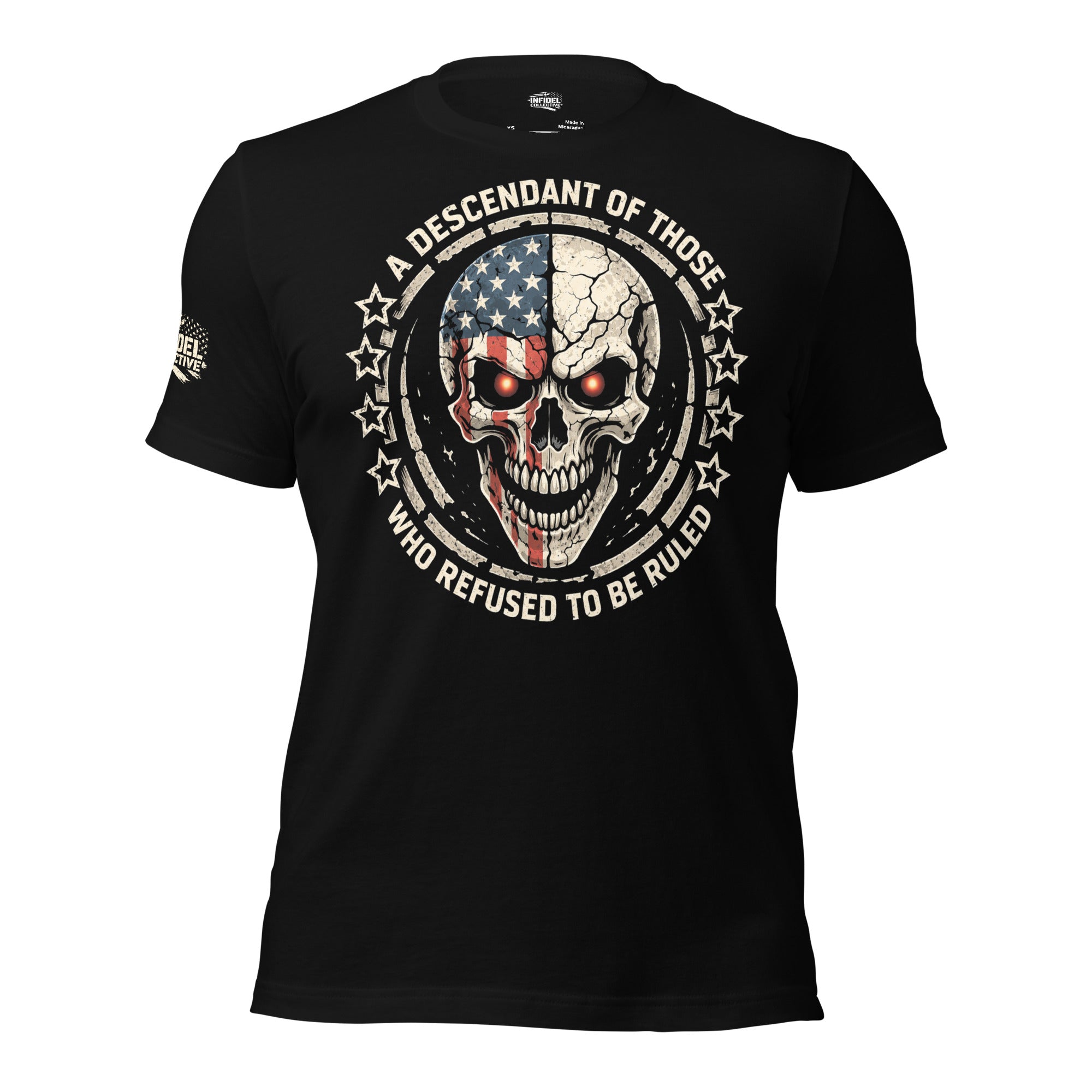 Descendant of the Unruled skull American flag front print black tee from Infidel Collective