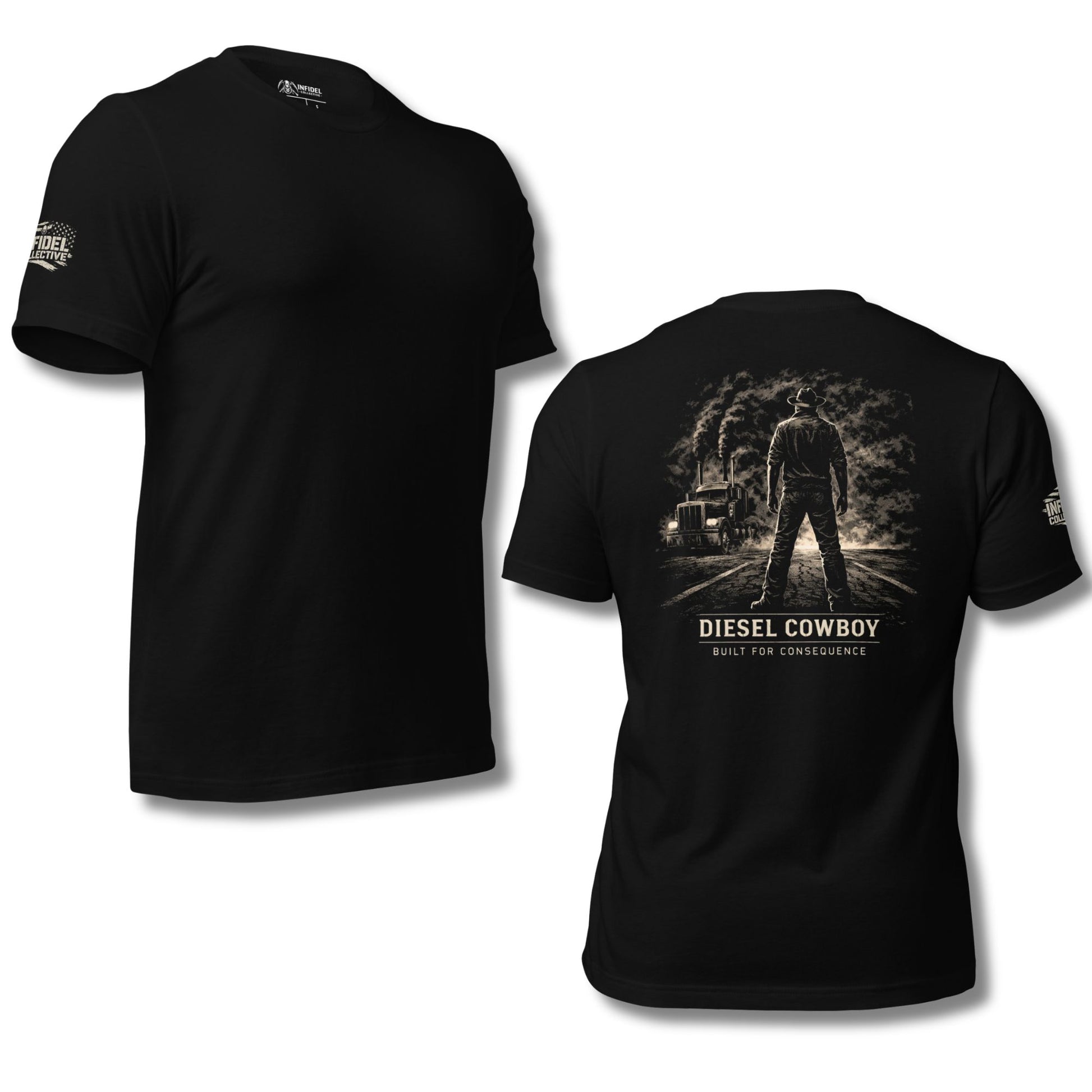 Black t-shirt with 'Diesel Cowboy' graphic on a white background