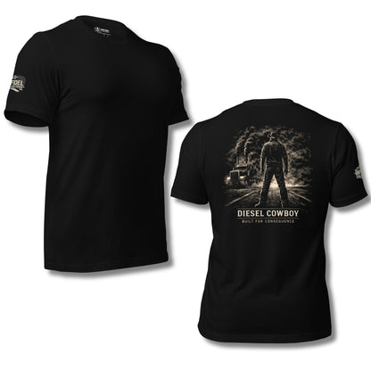 Black t-shirt with 'Diesel Cowboy' graphic on a white background