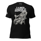 E-4 Mafia Leadership By Disappearance front print tee with skeleton in military uniform sitting in a chair holding a coffee mug on black shirt