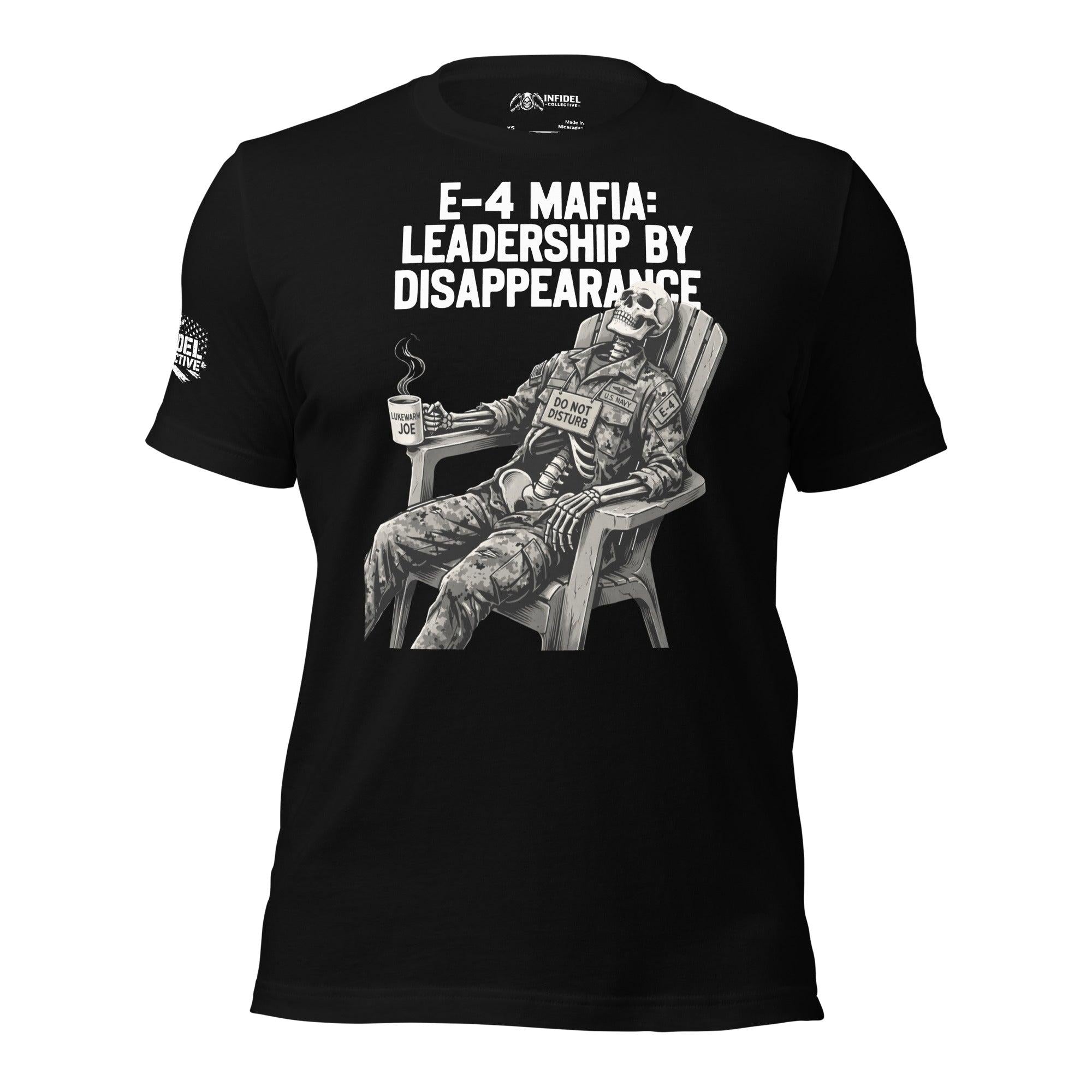 E-4 Mafia Leadership By Disappearance front print tee with skeleton in military uniform sitting in a chair holding a coffee mug on black shirt
