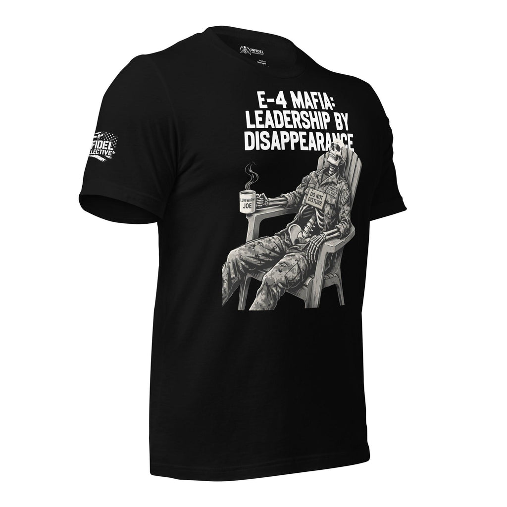 E-4 Mafia Leadership By Disappearance front print tee with skeleton in military uniform sitting in a chair holding a coffee mug on black shirt