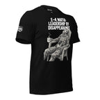E-4 Mafia Leadership By Disappearance front print tee with skeleton in military uniform sitting in a chair holding a coffee mug on black shirt