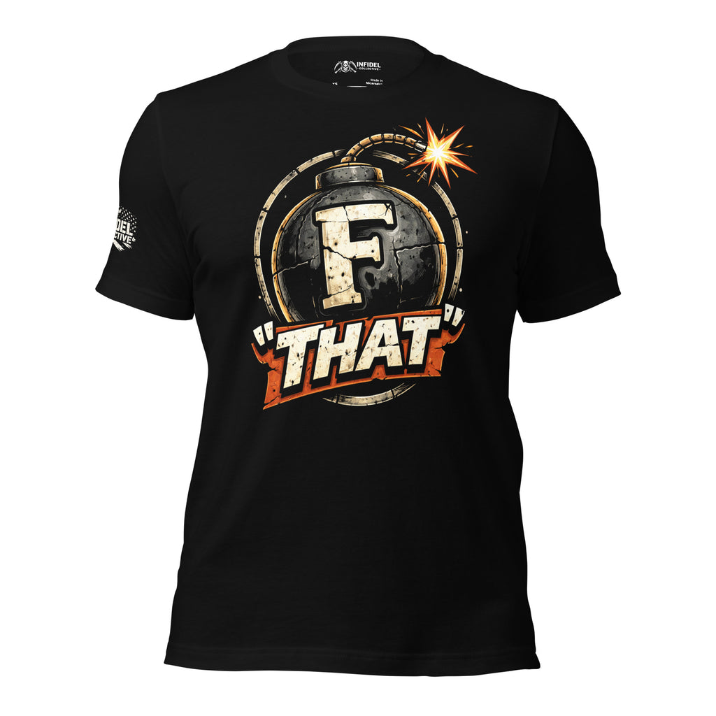 Black F That Bomb tee with front print featuring cartoon bomb graphic, lit fuse, and F That text