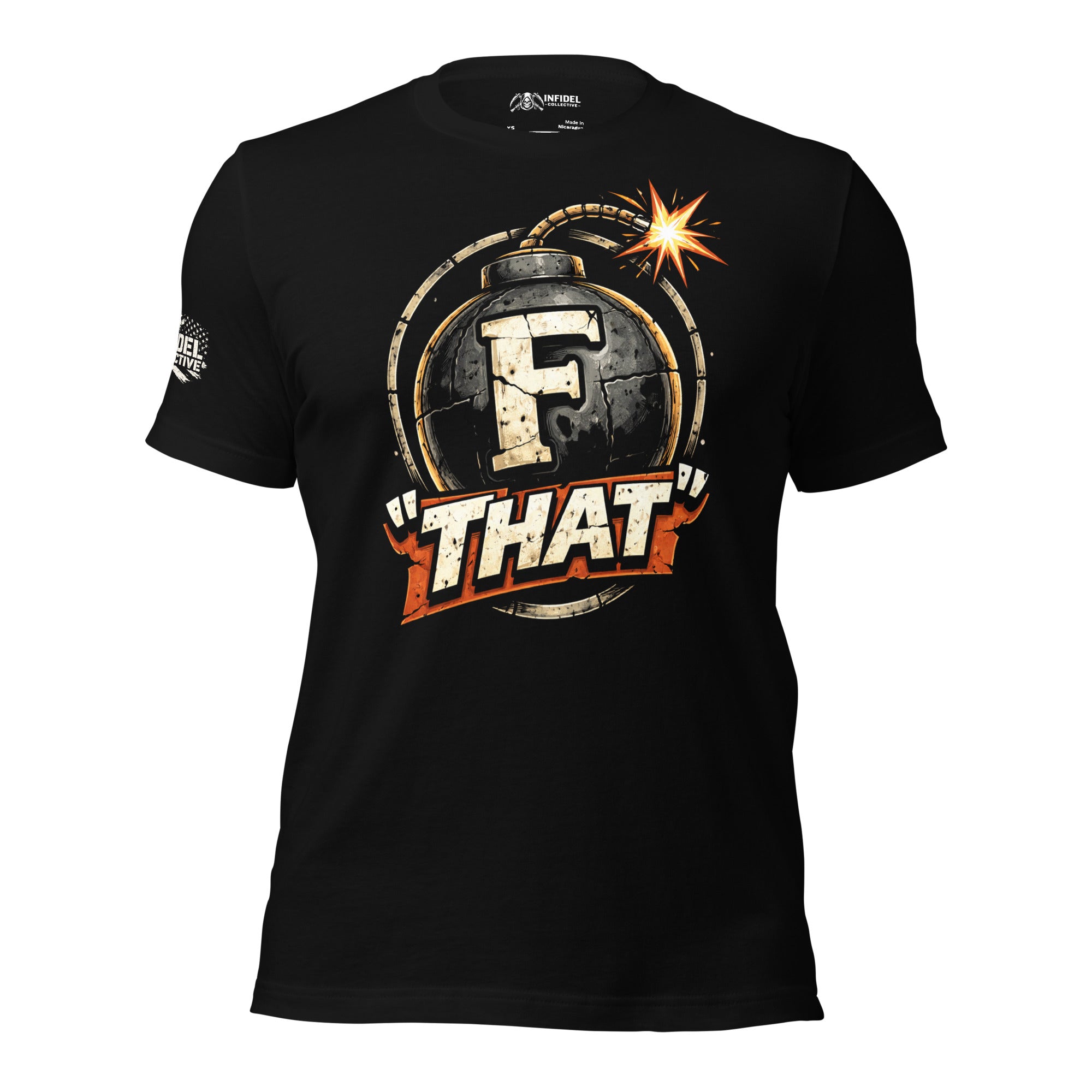 Black F That Bomb tee with front print featuring cartoon bomb graphic, lit fuse, and F That text