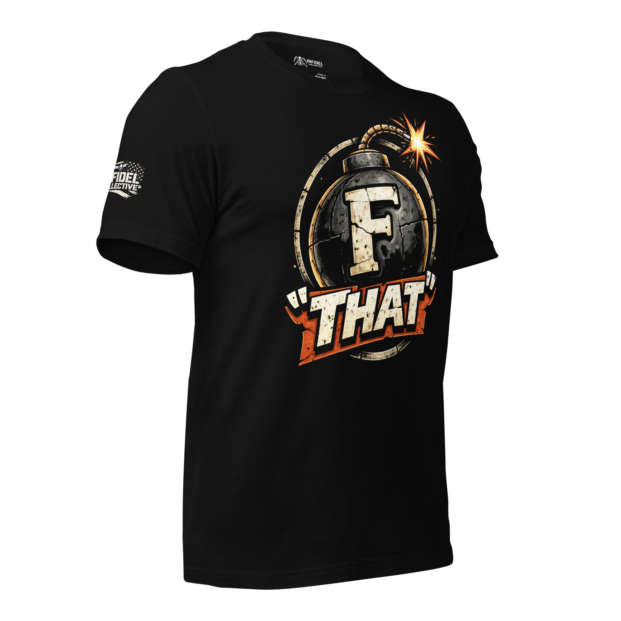 Black F That Bomb tee with front print featuring cartoon bomb graphic, lit fuse, and F That text