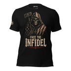Black Face the Infidel tee with hooded skull figure holding a hammer and American flag front graphic