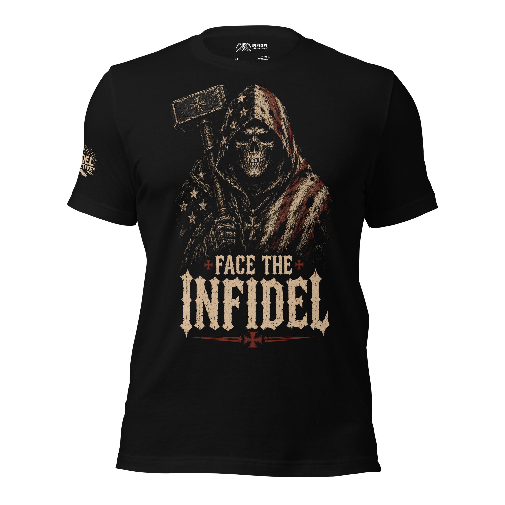 Black Face the Infidel tee with hooded skull figure holding a hammer and American flag front graphic
