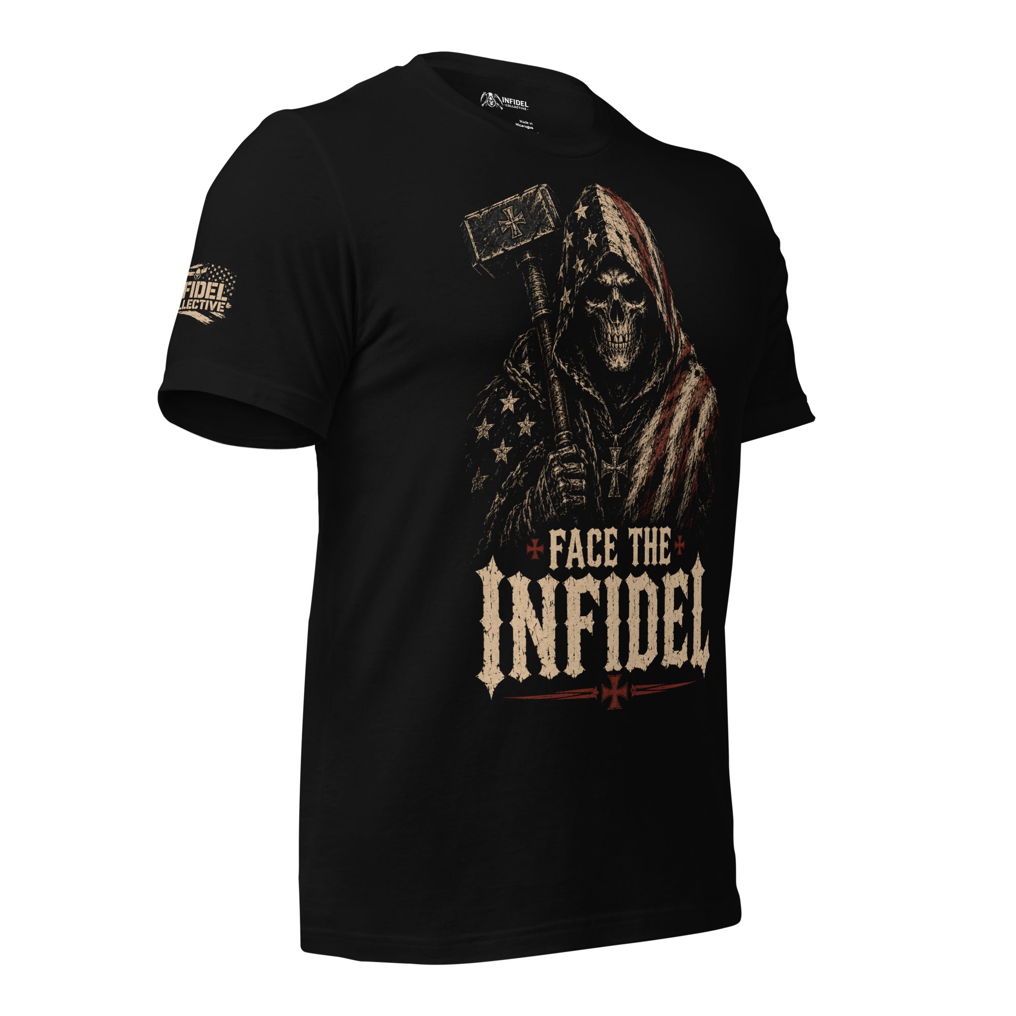 Black Face the Infidel tee with hooded skull figure holding a hammer and American flag front graphic