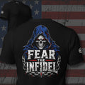 Fear the Infidel blue-hooded reaper wrapped in chains design back print black tee from Infidel Collective