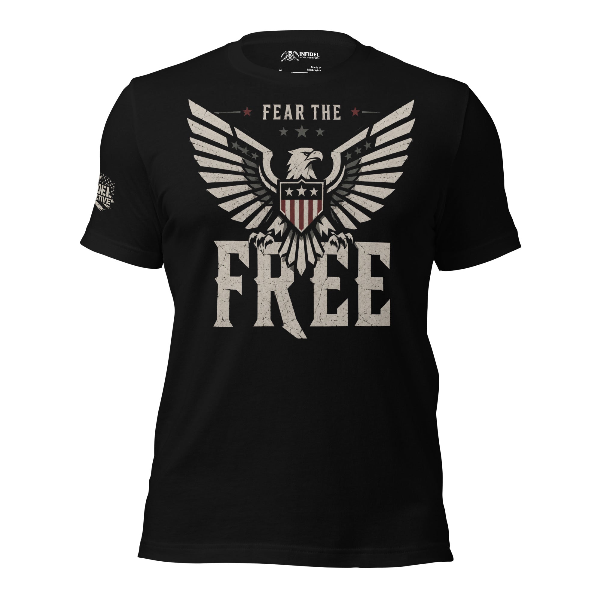 Fear the Free eagle shield front print black tee from Infidel Collective