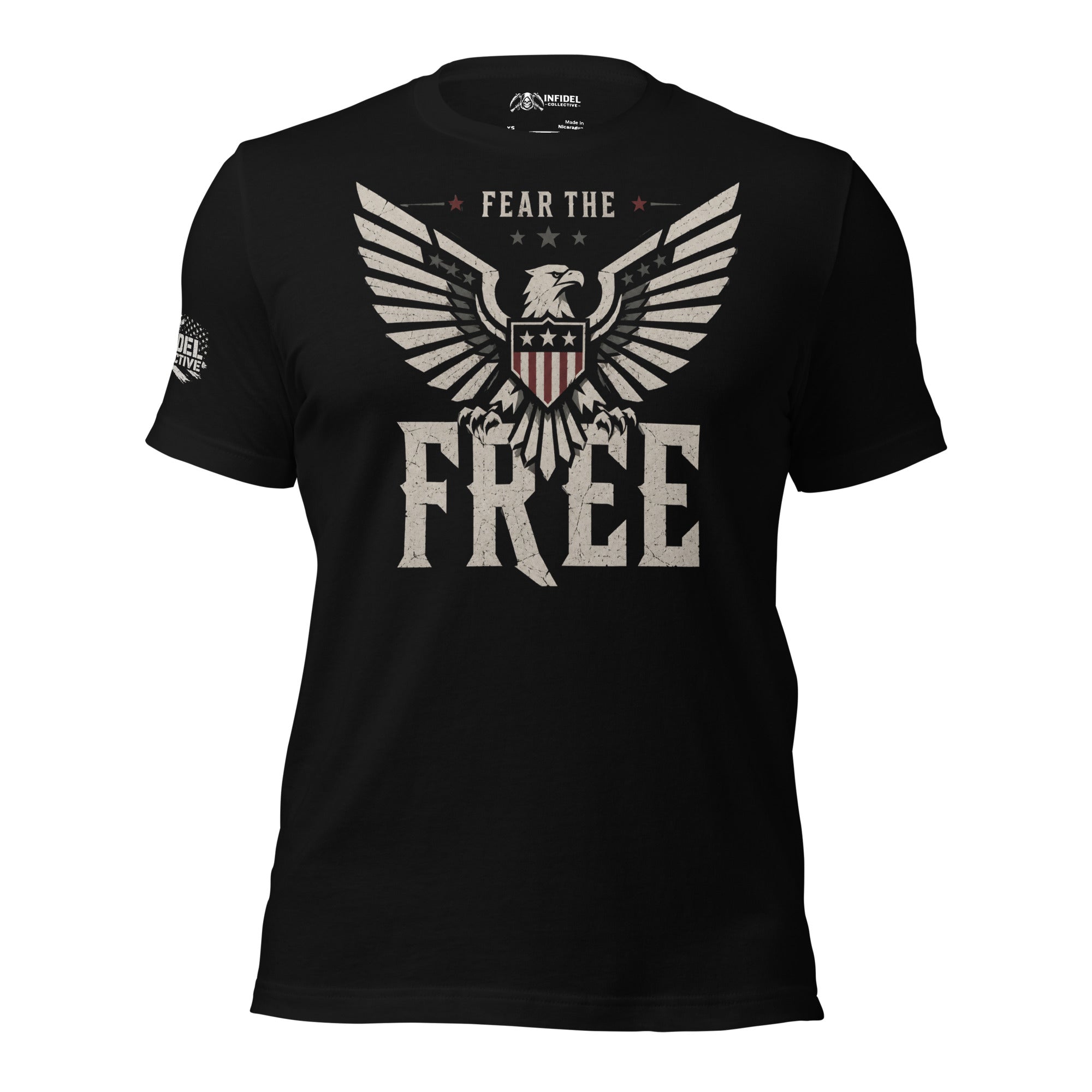 Fear the Free eagle shield front print black tee from Infidel Collective