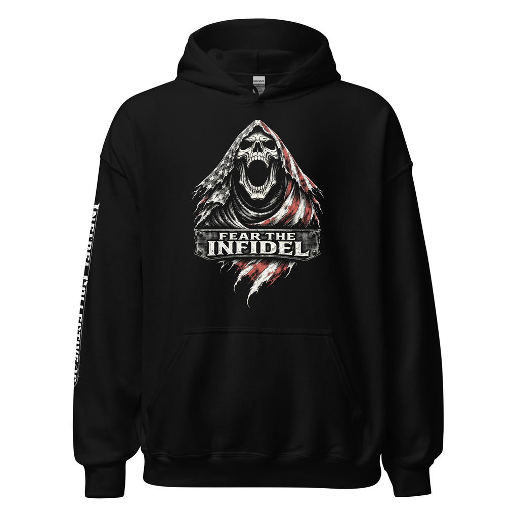 Fear the Infidel American reaper front print black hoodie from Infidel Collective