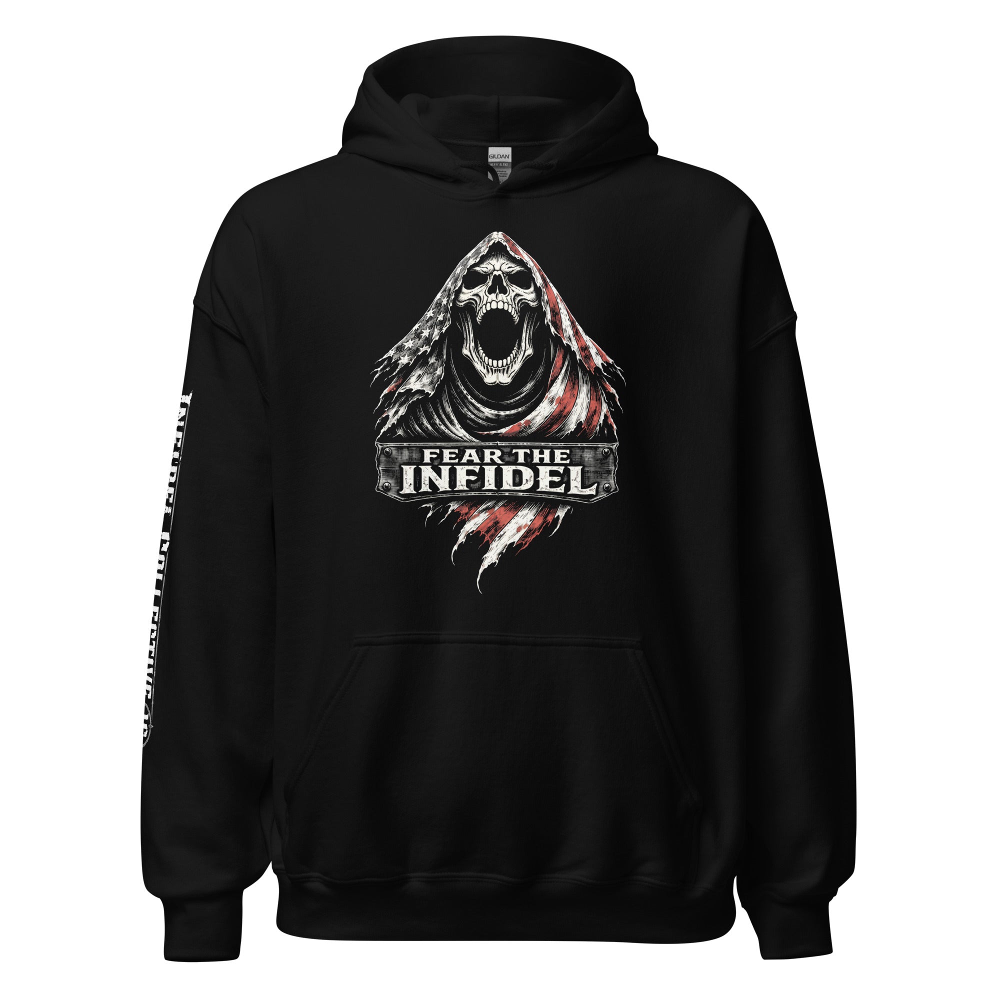 Fear the Infidel American reaper front print black hoodie from Infidel Collective