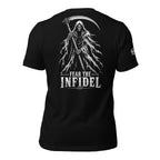 Fear the Infidel back print black tee with hooded reaper holding scythe and distressed white lettering