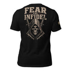 Black t-shirt with 'Fear the Infidel' graphic design by Infidel Collective