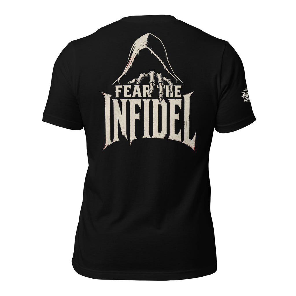 Fear the Infidel hooded reaper back print black tee from Infidel Collective