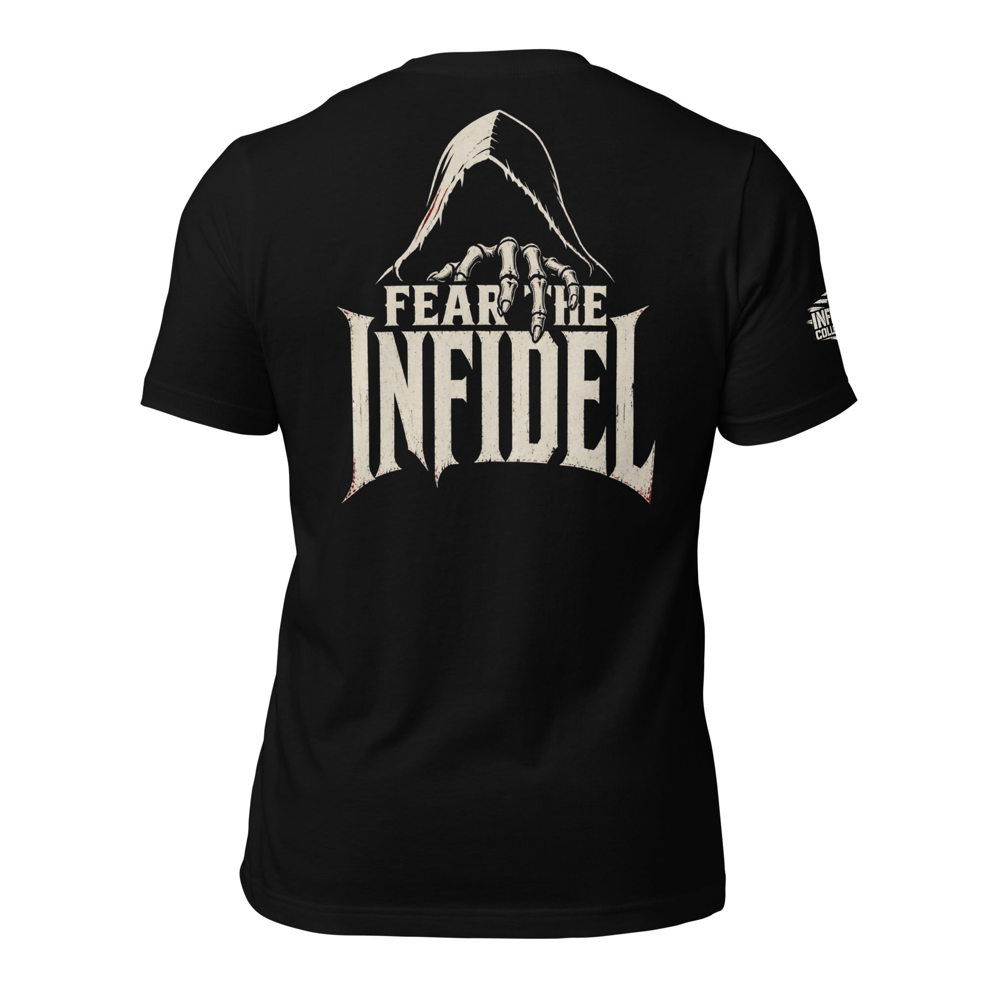 Fear the Infidel hooded reaper back print black tee from Infidel Collective