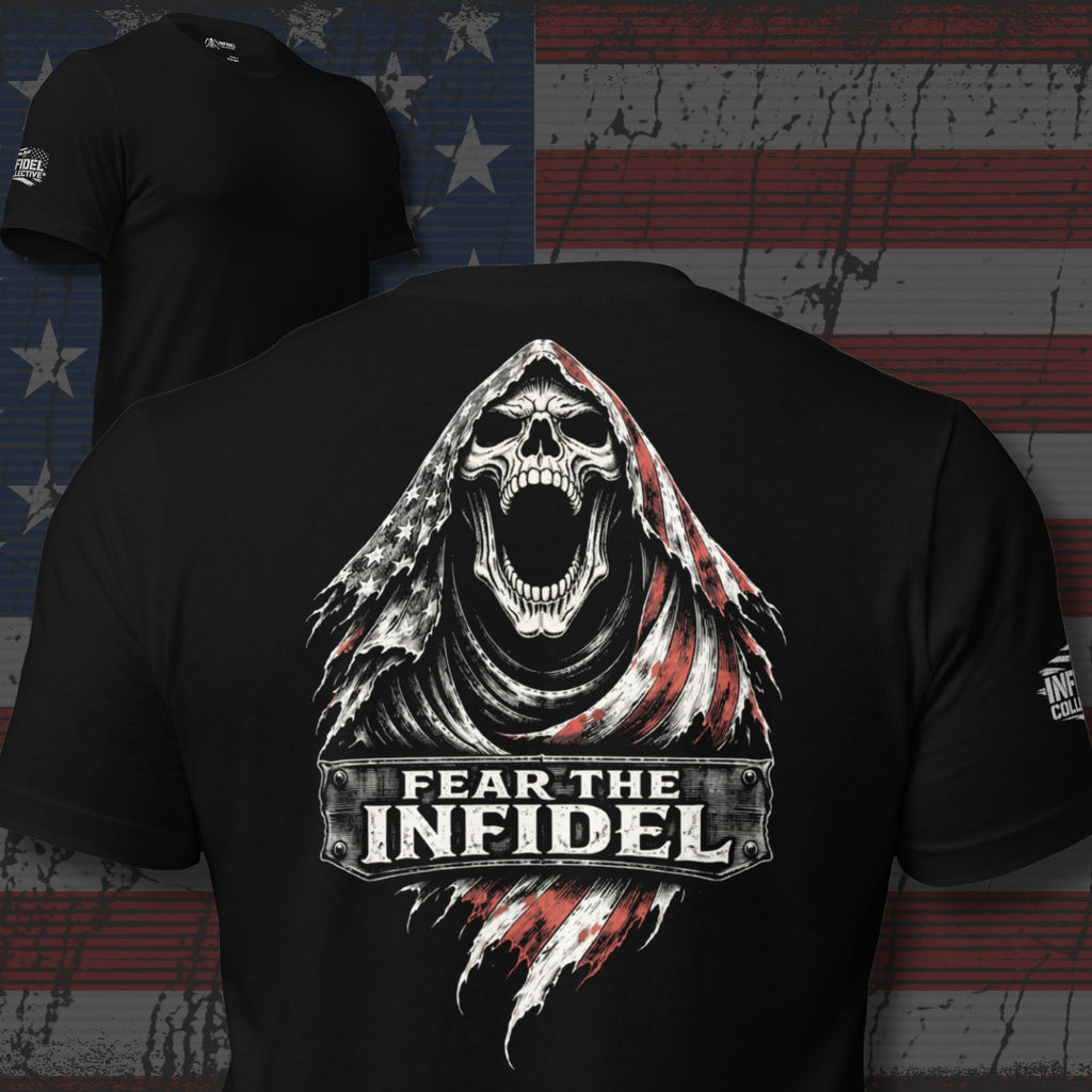 Black Fear the Infidel tee with large back print featuring hooded reaper skull and distressed American flag graphic