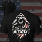 Black Fear the Infidel tee with large back print featuring hooded reaper skull and distressed American flag graphic