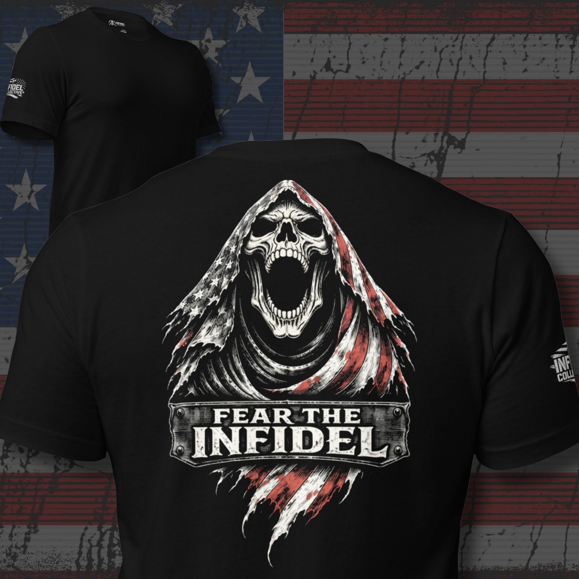 Fear the Infidel Reaper back print black graphic tee from Infidel Collective