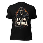 Fear the Infidel screaming reaper front print black tee from Infidel Collective