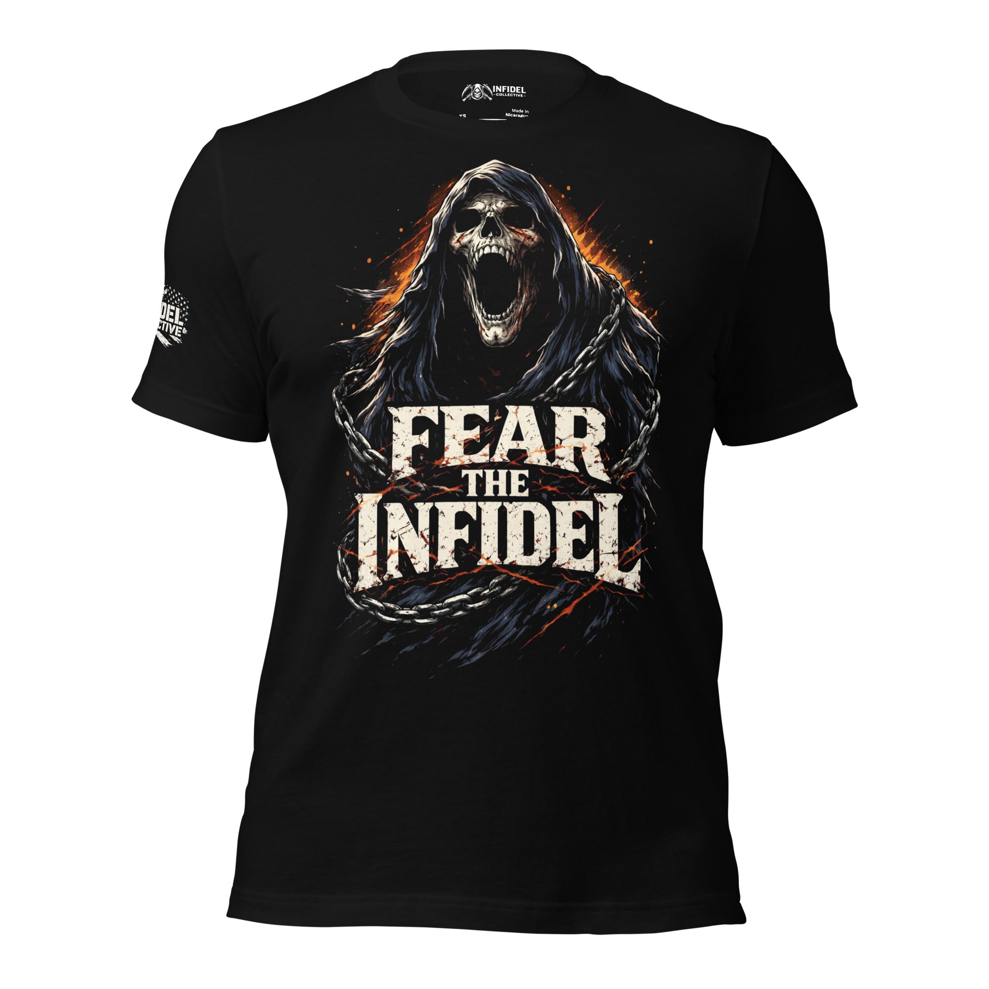 Fear the Infidel screaming reaper front print black tee from Infidel Collective