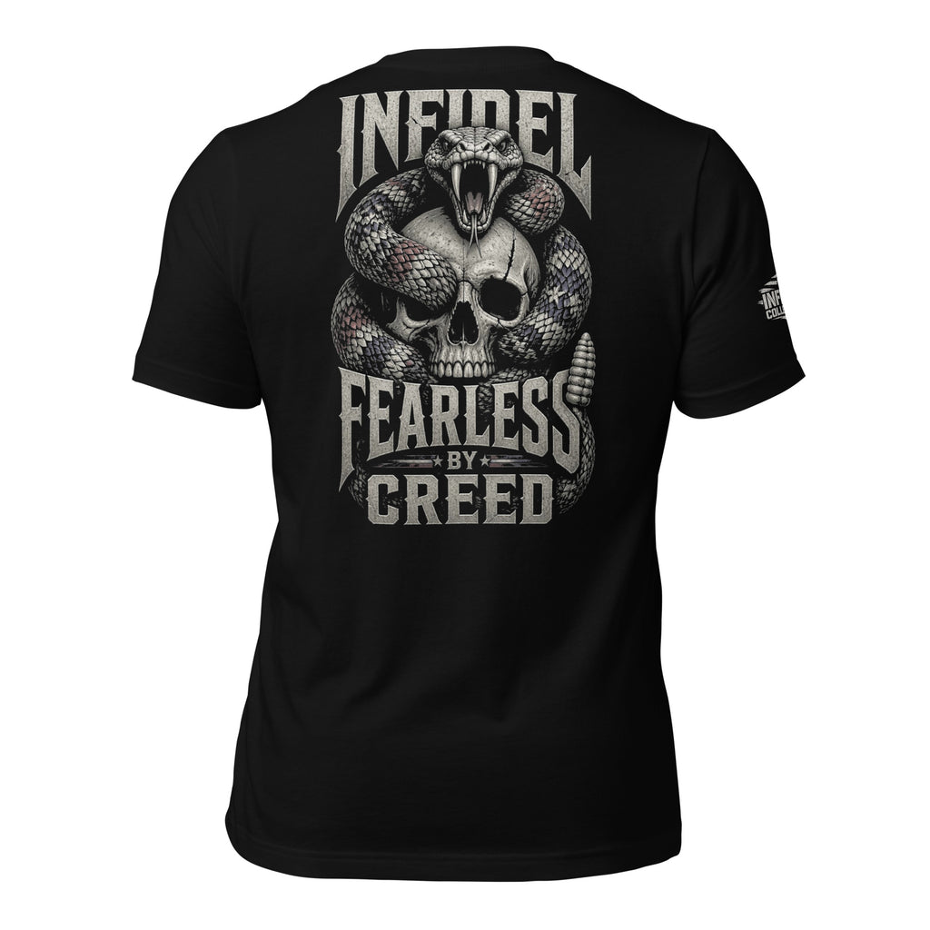 Fearless by Creed Infidel rattlesnake back print black tee from Infidel Collective