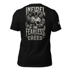 Fearless by Creed Infidel rattlesnake back print black tee from Infidel Collective