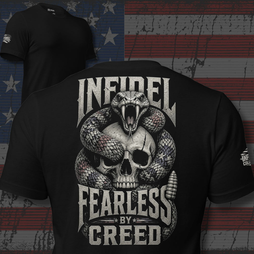 Fearless by Creed Infidel rattlesnake back print black tee from Infidel Collective