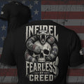 Fearless by Creed Infidel rattlesnake coiled around a skull design back print black tee from Infidel Collective