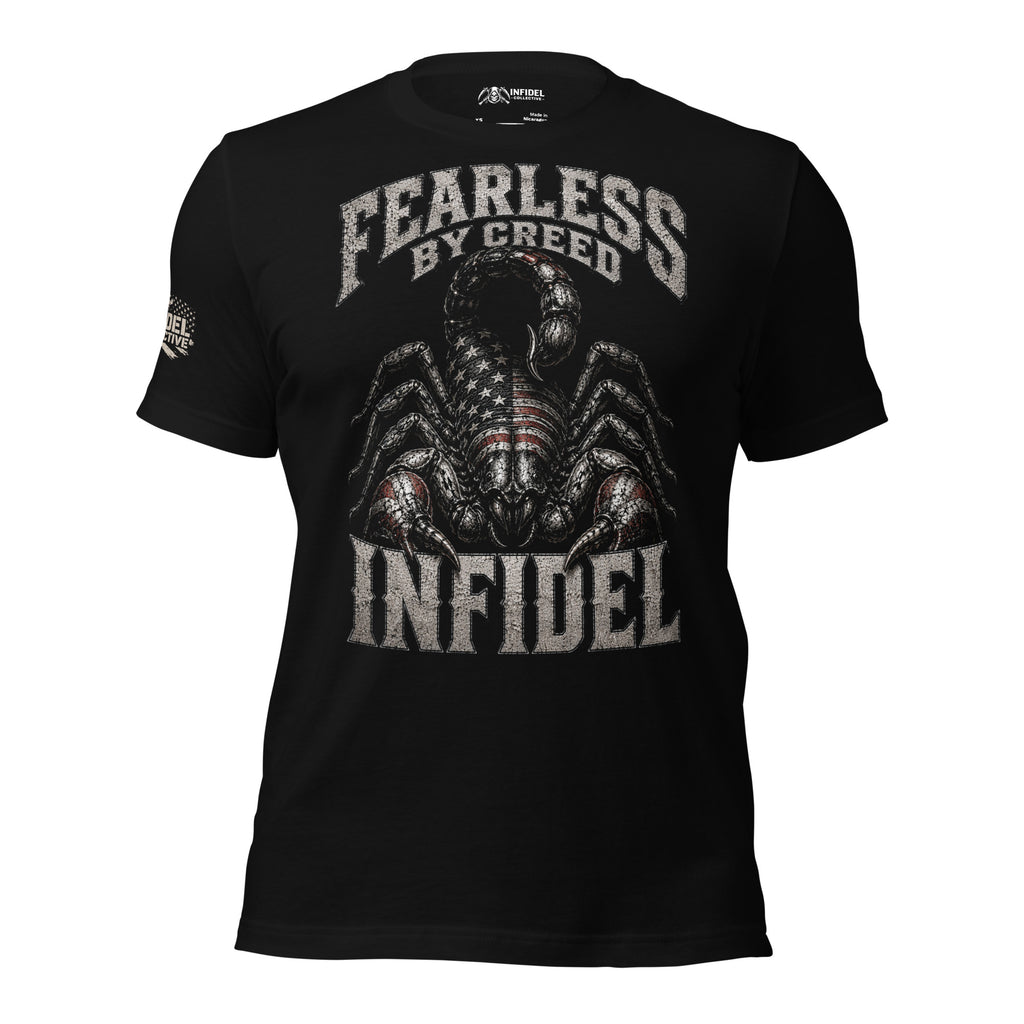 Fearless by Creed Infidel scorpion and skull graphic black tee from Infidel Collective