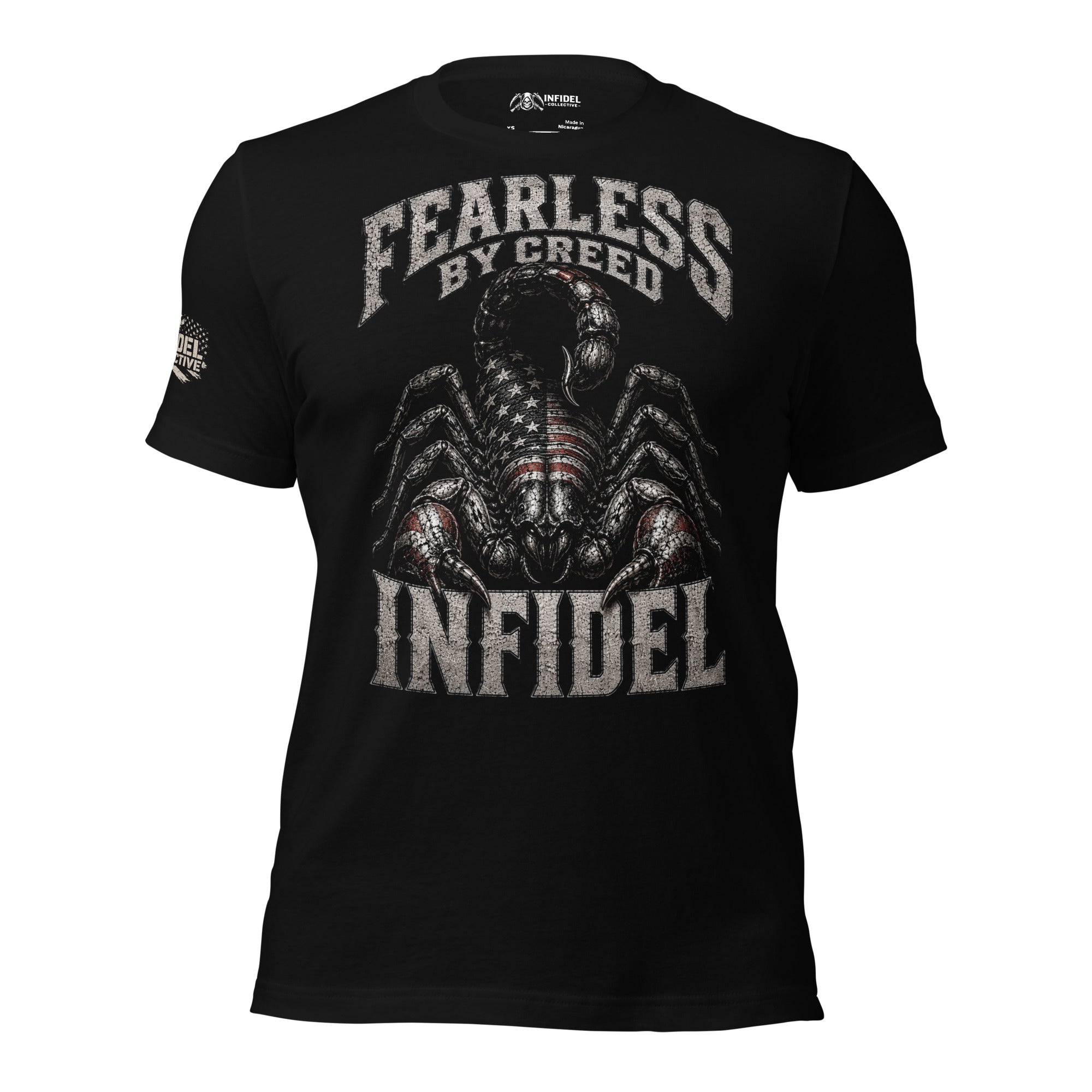 Fearless by Creed Infidel scorpion and skull graphic black tee from Infidel Collective