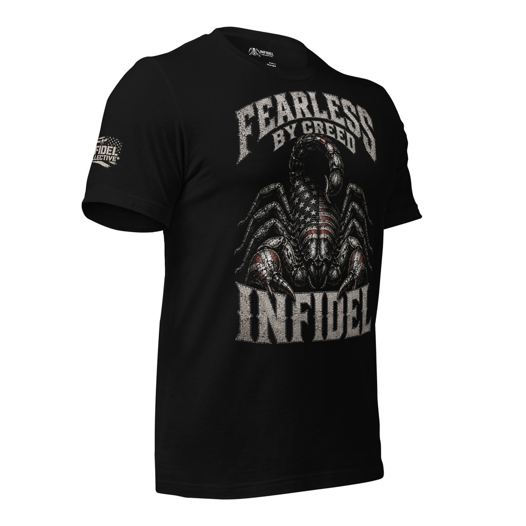 Fearless by Creed Infidel scorpion and skull graphic black tee from Infidel Collective