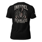 Black tee with Fearless by Creed scorpion back print featuring American flag details and INFIDEL text
