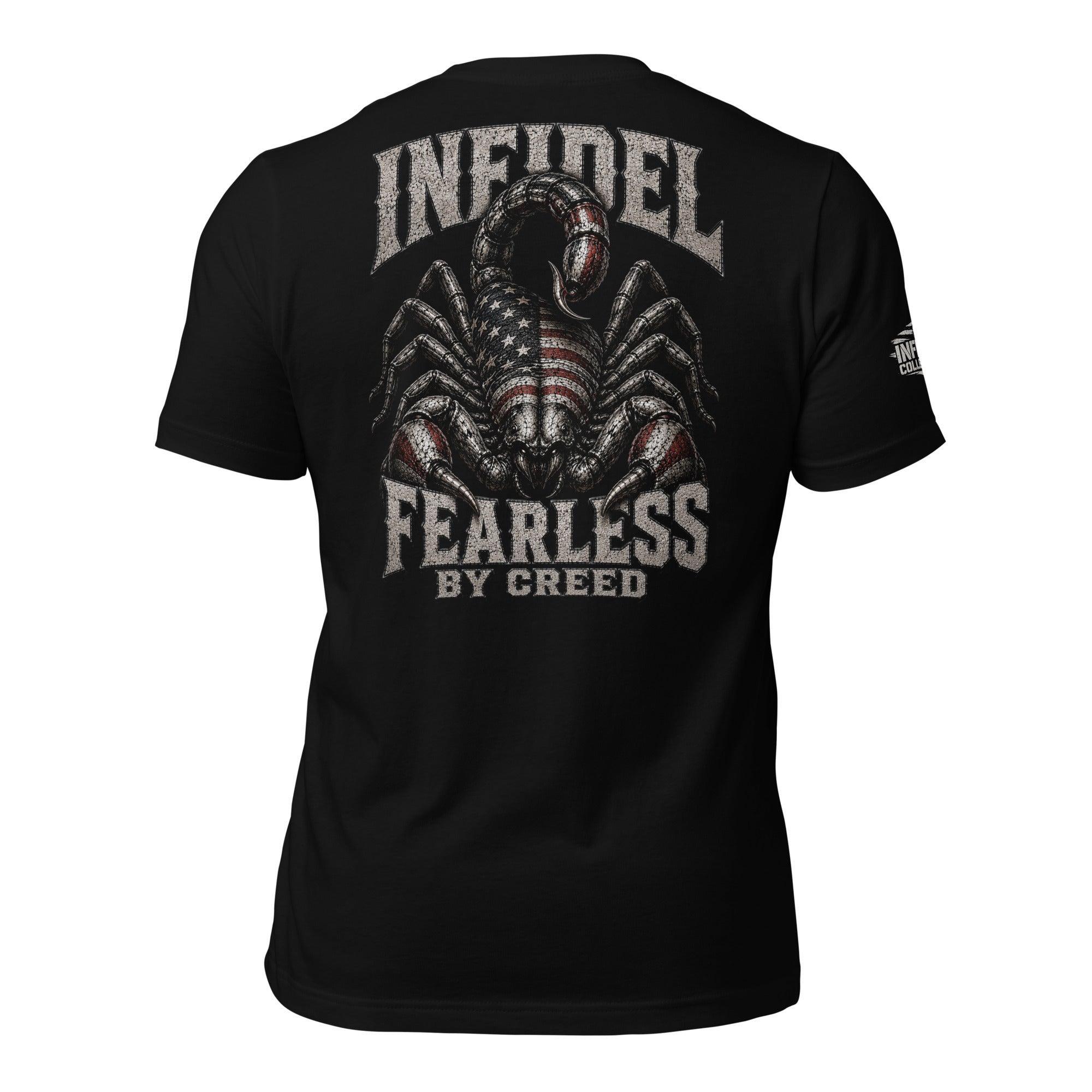 Black tee with Fearless by Creed scorpion back print featuring American flag details and INFIDEL text