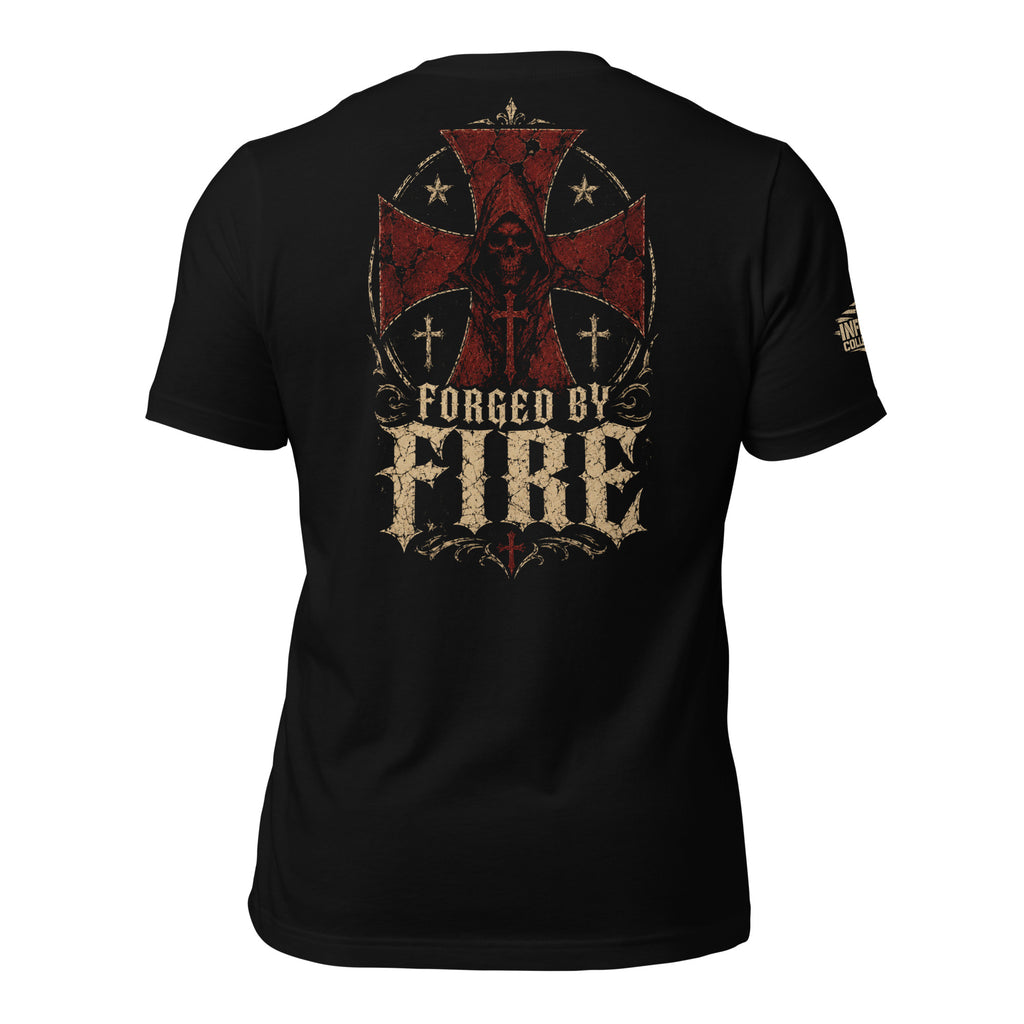 Black tee with back print featuring a hooded reaper, distressed red cross graphics, Christian cross symbols, and the text Forged By Fire