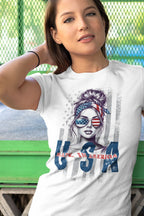 T-Shirt  Fourth of July T-Shirt: Patriotic Babe USA Flag Graphic Tee in White Infidel Collective