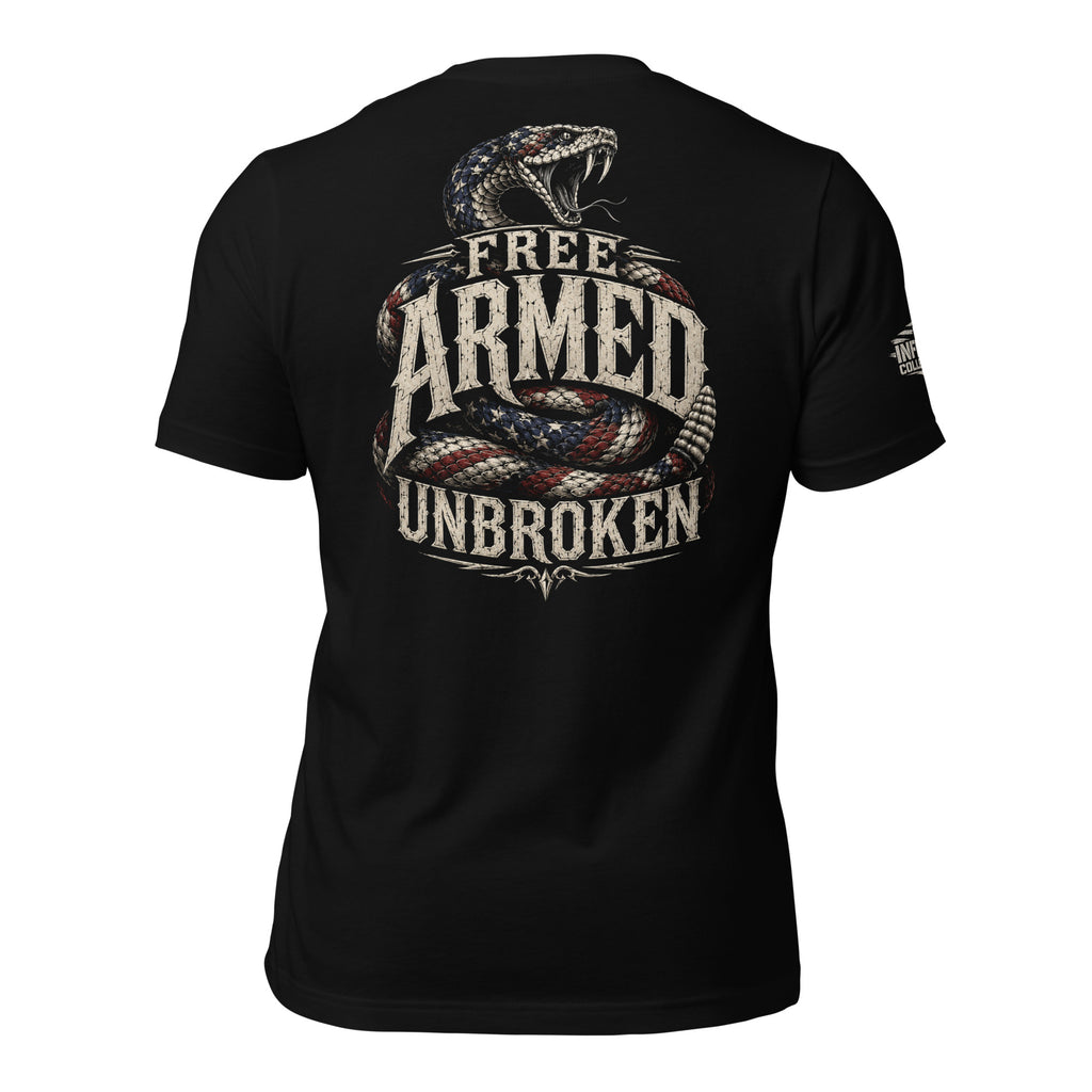 Free Armed Unbroken rattlesnake back print black tee from Infidel Collective