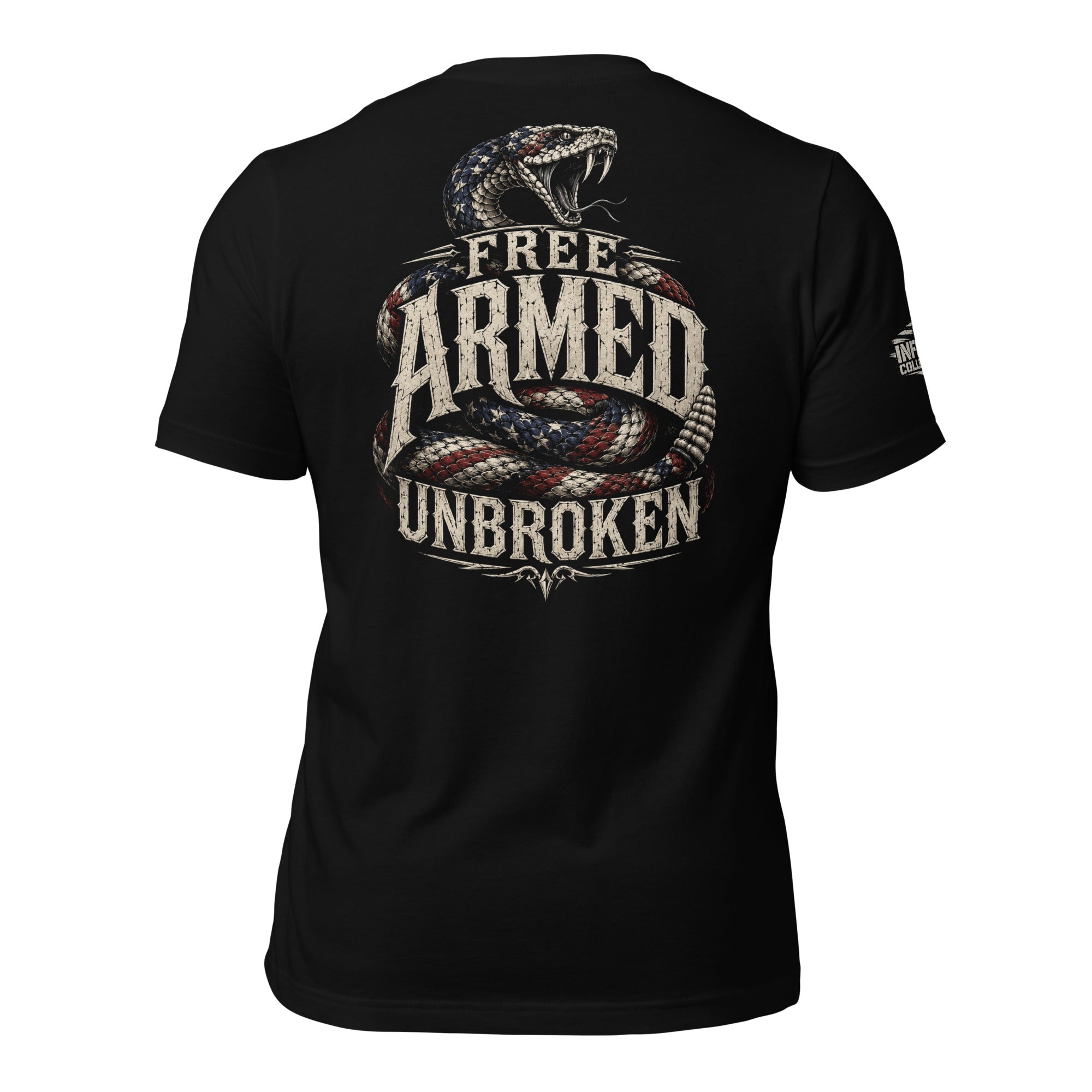 Free Armed Unbroken rattlesnake back print black tee from Infidel Collective