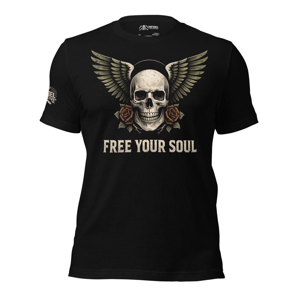 Free Your Soul skull wings women graphic black tee from Infidel Collective