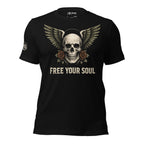 Free Your Soul skull wings women graphic black tee from Infidel Collective