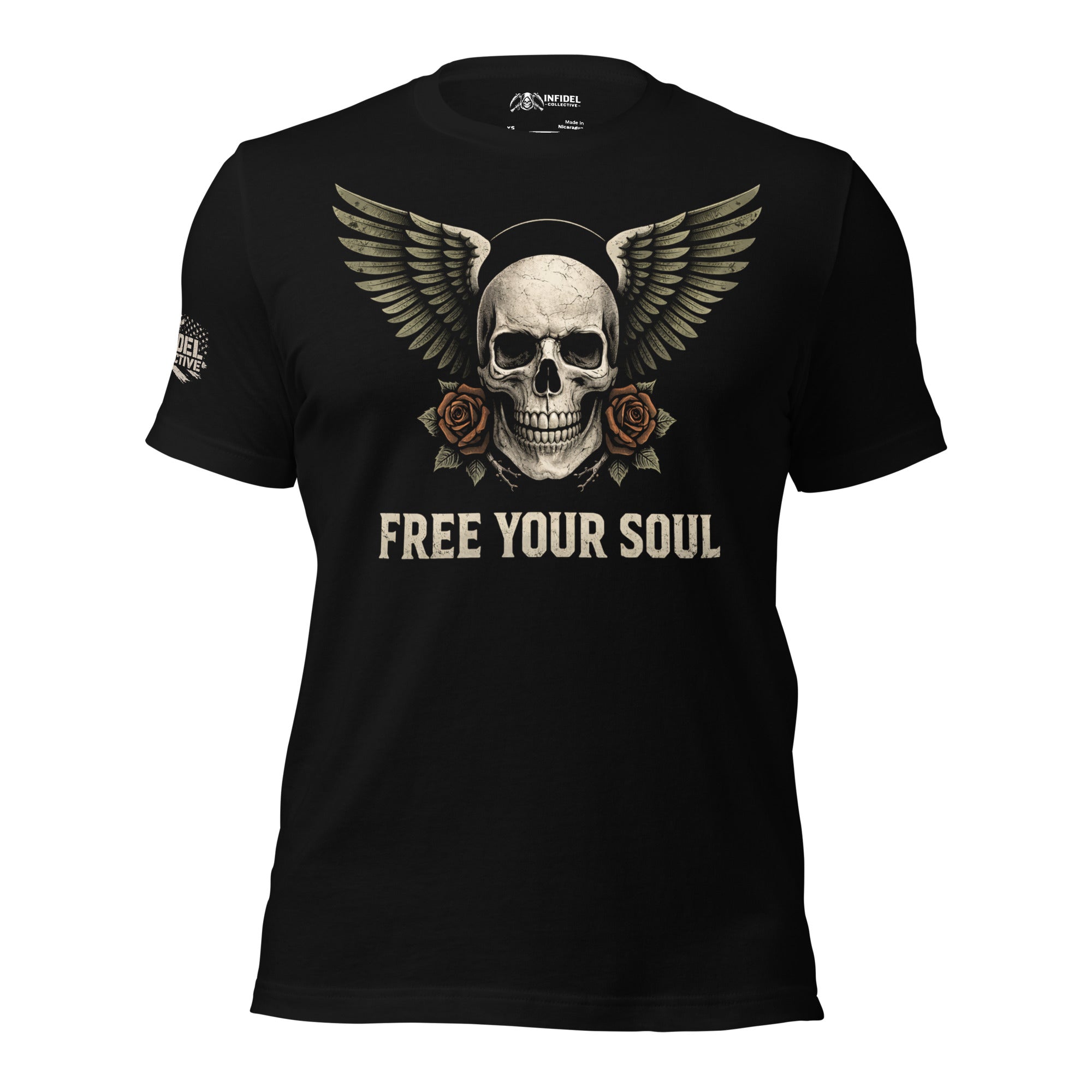 Free Your Soul skull wings women graphic black tee from Infidel Collective