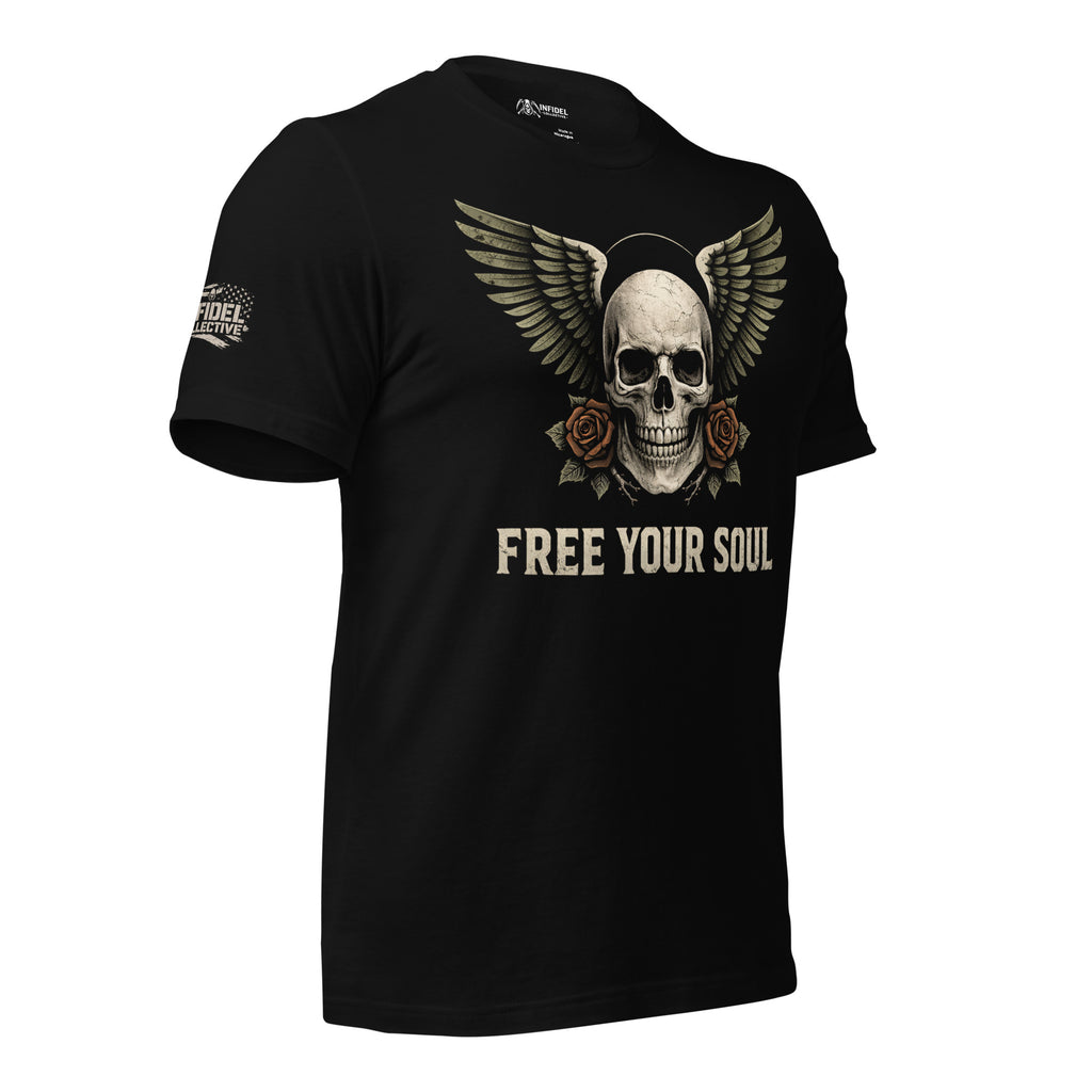 Free Your Soul skull wings women graphic black tee from Infidel Collective