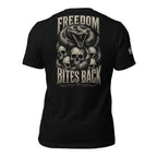 Freedom Bites Back rattlesnake back print black tee from Infidel Collective