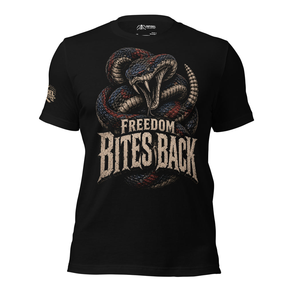 Freedom Bites Back rattlesnake graphic black tee from Infidel Collective