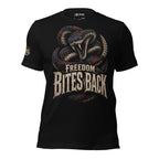 Freedom Bites Back rattlesnake graphic black tee from Infidel Collective