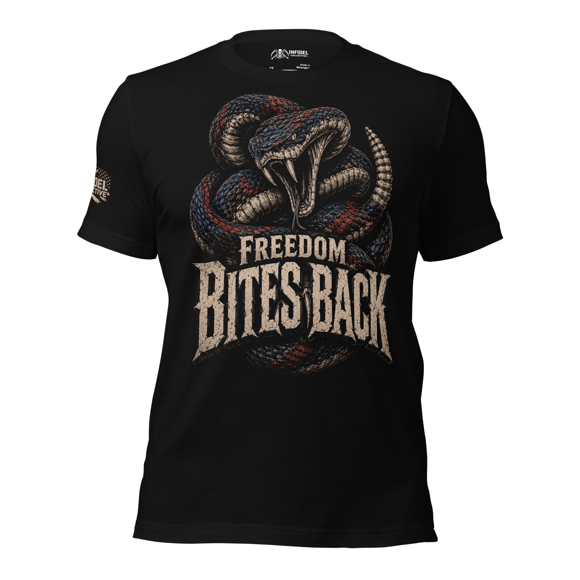 Freedom Bites Back rattlesnake graphic black tee from Infidel Collective